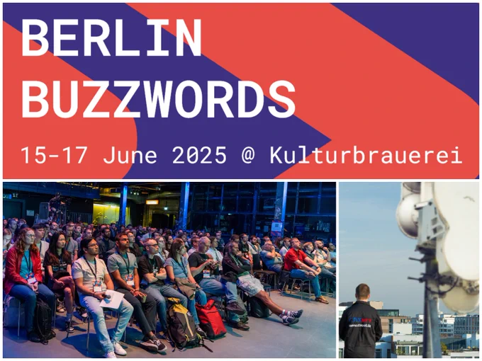 Logo und Datum der Konferenz Berlin Buzzwords ist zu sehen, Teilnehmer, die konzentriert zuhören und ein Mitarbeiter von CBXNET, der auf einem Dach steht neben einem Funkmasten und die Internetanbindung via Richtfunk einrichtet.