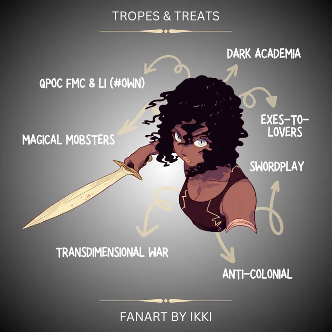 Trope Map. Fanart of FMC with sword. QPOC FMC & LI (#own). Magical mobsters. Transdimensional war. Anti-colonial. Swordplay. Exes-to-lovers. Dark academia. Fanart by Ikki.