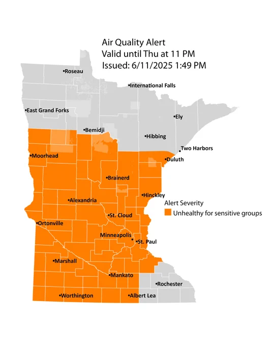 A map of Minnesota with the central and southern regions shaded orange, to represent the air quality category that is unhealthy for sensitive groups.
