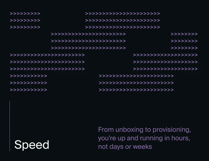 ASCII art image showing chevron patterns in motion on a dark background, with text "Speed" and "From unboxing to provisioning, you're up and running in hours, not days or weeks"