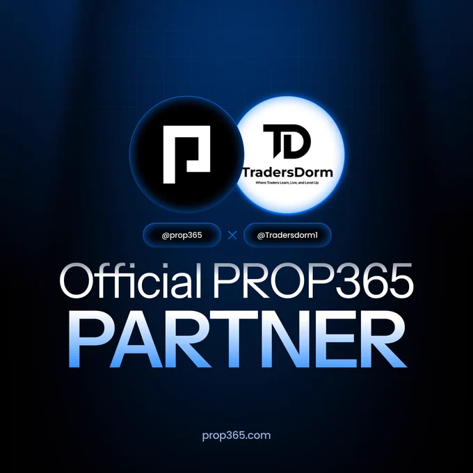 Official partnership announcement between PROP365 and TradersDorm, showing both logos and Twitter handles.