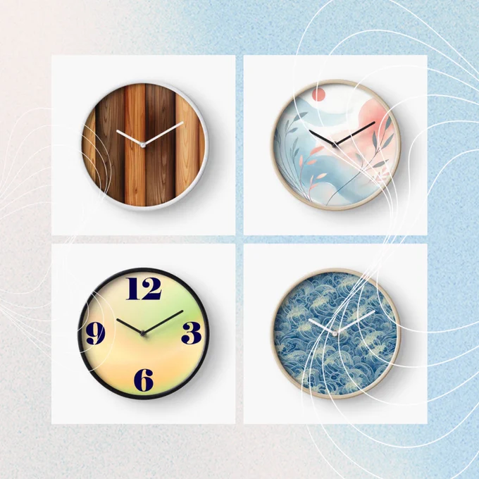 A square collage shows four round wall clocks with unique artistic designs. Top left: a wood grain pattern in warm brown tones. Top right: a soft pastel landscape in blue and pink with plants and sun. Bottom left: a gradient yellow-green clock with bold blue numbers at 12, 3, 6 and 9. Bottom right: a blue wave pattern with cream highlights. All clocks are displayed on white squares over a soft blue background.