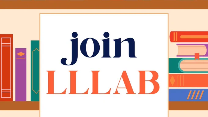 text: join LLLAB.  Image: background is stylized colorful cartoon books