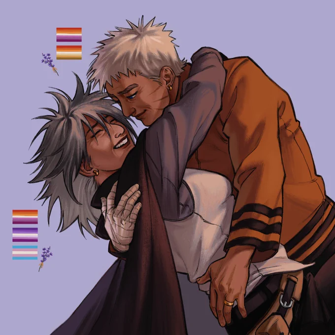 a digital drawing of naruto and sasuke as butch and femme in their 50s, mid-dance, with naruto dipping sasuke, and sasuke's arm around naruto's neck. naruto's expression is subtle and fond while sasuke bursts into a full smile. next to their figures are their respective flags - the lesbian and butch flag for naruto, and the lesbian, femme and trans flag for sasuke. next to the flags are miniature bouquets of lavenders as a lesbian symbol.