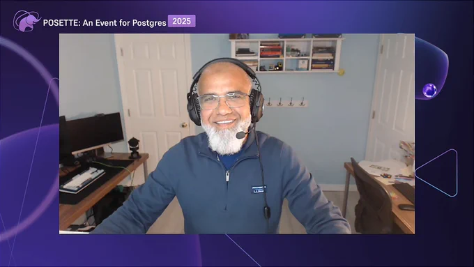 A person wearing headphones and a blue jacket, seated in a room with light blue walls. Behind them are shelves with books and items, and two closed white doors. A desk with a computer monitor and keyboard is on the left, and another desk with various items is on the right. The top of the image displays the text 'POSETTE: An Event for Postgres 2025' in white on a purple background.