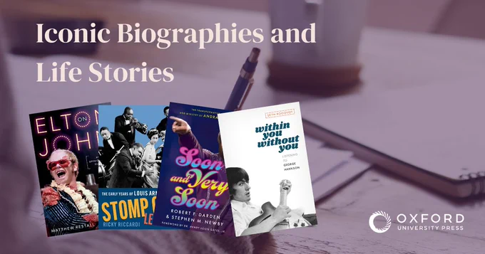 Iconic Biographies and Life Stories with covers of “On Elton John”, “Stomp Off, Let’s Go”, “Soon and Very Soon” and “Within You Without You”

