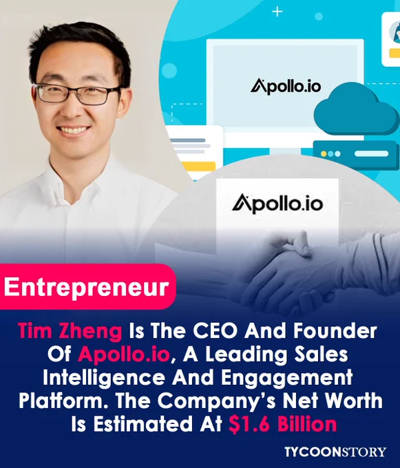 Tim Zheng, CEO and Founder of Apollo.io, with the Apollo.io logo. Apollo.io is a leading sales intelligence and engagement platform, valued at $1.6 billion.