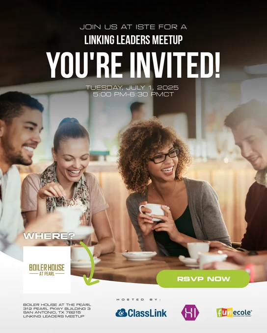 To the incredible education leaders making an impact every day – this one's for you! ✨
FUNecole® is thrilled to invite you to a special Linking Leaders Meetup during ISTE, co-hosted with our friends at ClassLink and Human Intelligence Movement! 
We know you do amazing work for learners, and we'd love to say thank you in person. Join us to unwind and connect with fellow leaders who are shaping the future of education. 
We're taking over the unique mezzanine at Boiler House at the Pearl – a fantastic spot nestled in the historic Pearl Brewery Complex. 
Spaces are limited, so save your spot today! 
🗓️ When: Tuesday, July 1, 2025 | 5:00 pm–6:30 pm CT 
📍 Where: Boiler House at the Pearl, 312 Pearl Pkwy Building 3, San Antonio, TX 78215 
RSVP Now: https://bit.ly/iste-2025-linking-leaders-meetup
#istelive25 #EducationLeaders #LinkingLeaders #EdTech #Networking #FUNecole #ClassLink #HumanIntelligenceMovement #SanAntonioEvents #Meetup