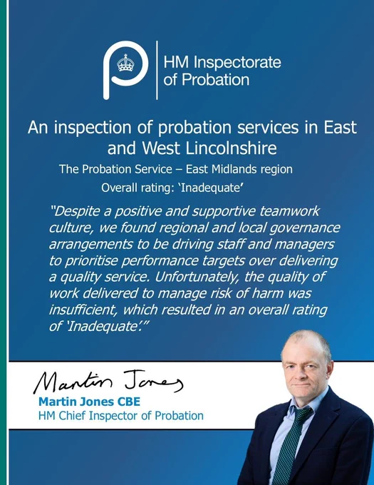 An inspection of probation services in East and West Lincolnshire. Overall rating: Inadequate. A picture of His Majesty’s Chief of Inspector of Probation, with a quote that says, "Despite a positive and supportive teamwork culture, we found regional and local governance arrangements to be driving staff and managers to prioritise performance targets over delivering a quality service. Unfortunately, the quality of work delivered to manage risk of harm was insufficient, which resulted in an overall rating of ‘Inadequate’.” 