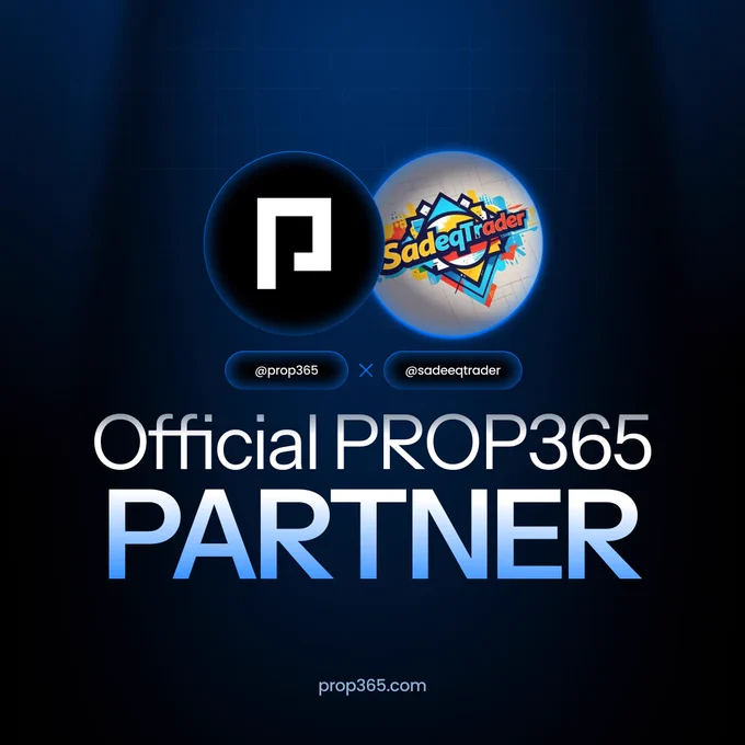 PROP365 logo next to @sadeeqtrader logo with the text 'Official PROP365 Partner' on a dark blue background. The partnership announcement highlights @sadeeqtrader as an official affiliate partner of PROP365. Website link prop365.com is displayed at the bottom.