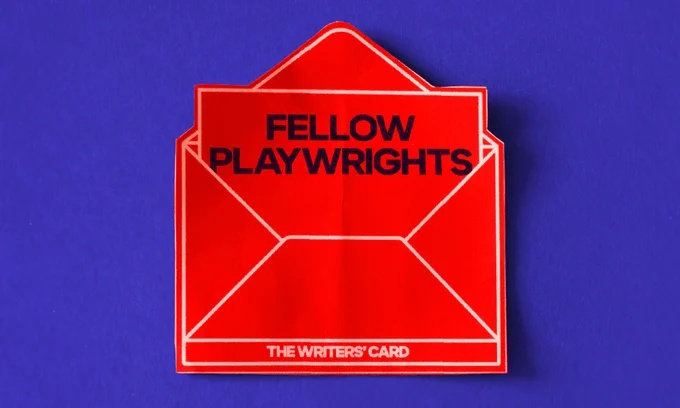 An illustration of a red envelope that is addressed to "Fellow Playwrights" and branded as part of the Royal Court's "Writers' Card" on a dark purple background.