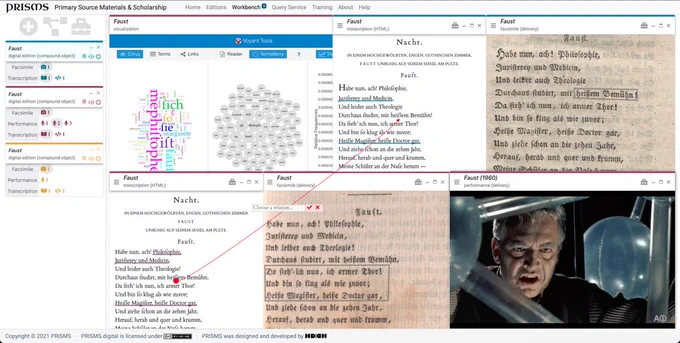 Sreenshot of a PRISMS workbench with annotated editions of Goethe's Faust, including facsimiles, a film adaptation, and analytical tools