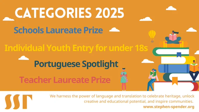 Yellow background. Brightly coloured cartoon of stacked books, brightly coloured cartoon people sitting on the books reading, white clouds above, yellow hot air balloon on the left. Image heading reads “Categories 2025”. Image text lists the categories: “Schools Laureate Prize; Individual Youth Entry for under 18s; Portuguese Spotlight; Teacher Laureate Prize.” Image footnote reads “We harness the power of language and translation to celebrate heritage, unlock creative and educational potential, and inspire communities. www.stephen-spender.org ”. SST logo in yellow bottom left.