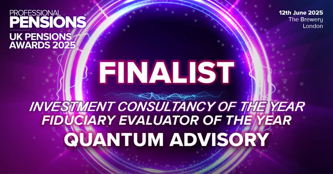 A purple circle of light enclosing the word Finalist. Other text below finalist says Investment Consultancy of the Year, Fiduciary Evaluator of the Year, Quantum Advisory.