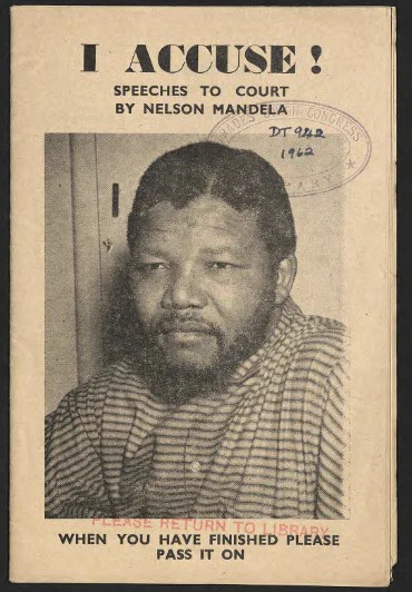 Cover of “I accuse” with a photo of Nelson Mandela in prison uniform