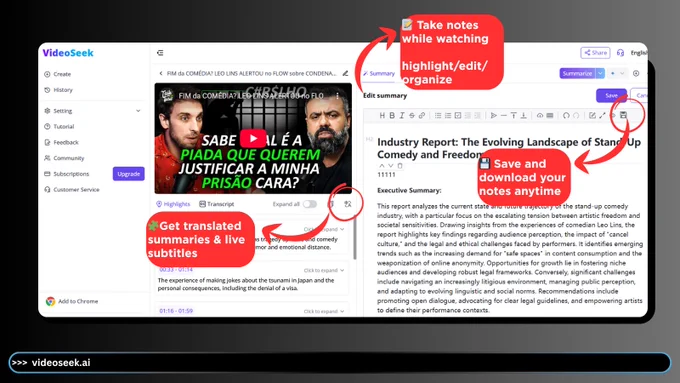 YouTube-Summarizer:
Your All-in-One Video Learning Sidekick

✍Summarizer Online Editor

1. Break language barriers
2. Watch & note in real time
3. Ask anything, get instant answers
4. One-click save your work