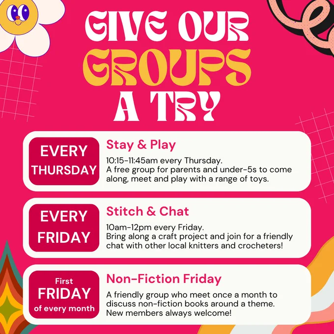 A pink graphic advertising Stay & Play, Stitch & Chat and Non-Fiction Friday at Farnham Library.