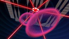 Artist’s rendering of lasers firing inside of the Cold Atom Lab research facility to chill atoms to ultracold temperatures. The lasers are shown as red on a black background