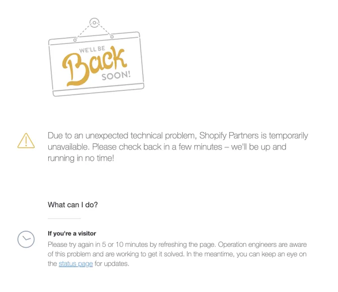 shopify partners dashboard is down message