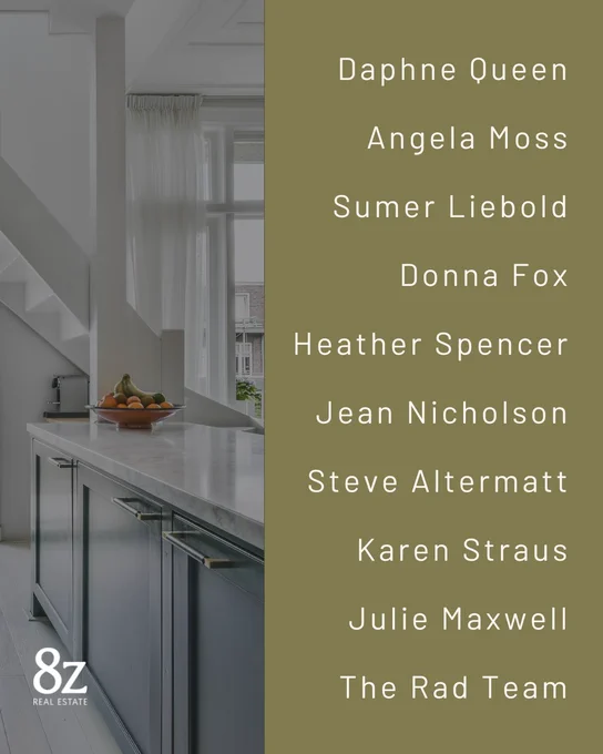 Image of a bright kitchen interior with a white countertop and large windows letting in natural light. Displayed on the countertop are some fruits in a bowl. The image includes a poster with names of various real estate agents from 8Z Real Estate.