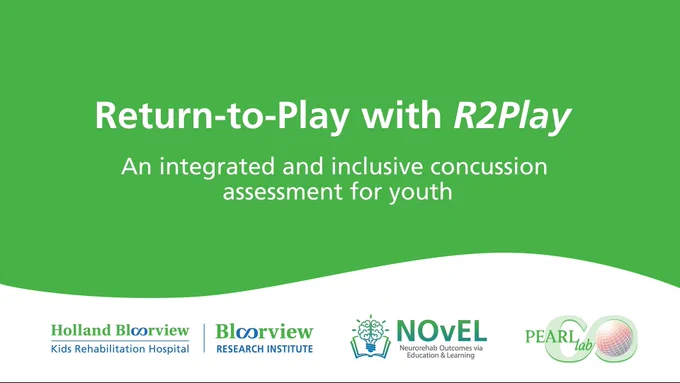 A graphic for 'Return-to-Play with R2Play' program, featuring logos of Holland Bloorview Kids Rehabilitation Hospital, Bloorview Research Institute, NoVeL and PEARL Lab. 