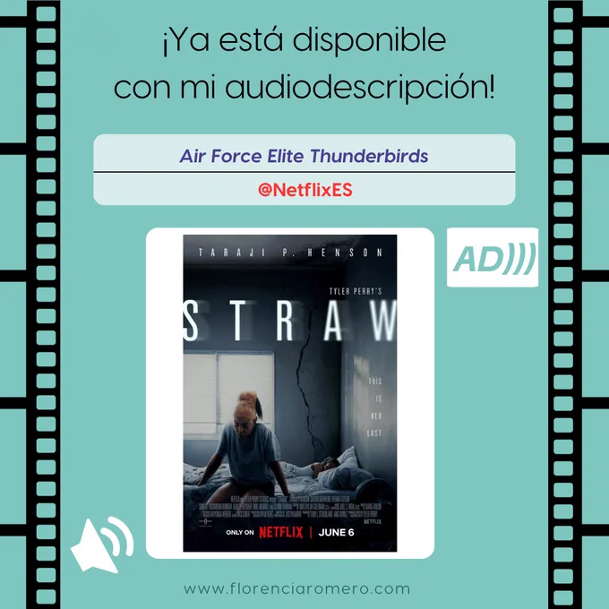 ¡Ya está disponible con mi audiodescripción! #Straw, en @netflixes. En el cartel de la película, en una habitación, una mujer negra de unos 45 años mira al suelo con gesto abatido. Está sentada al borde de una cama en la que duerme una niña con unos auriculares puestos. Una grieta profunda recorre la pared. www.florenciaromero.com