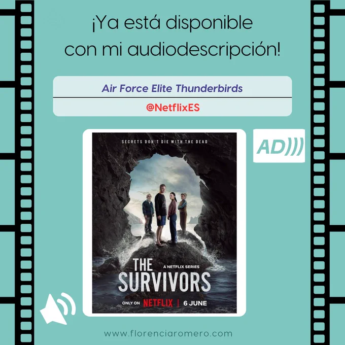 ¡Ya está disponible con mi audiodescripción! #LosSupervivientes, en @netflixes. En el cartel de la serie, sobre una roca en la entrada de una cueva en el mar, cuatro personas están de pie. Delante, un hombre de unos 30 años, con pelo moreno y corto. Frente a él, una chica asiática de unos 28, con pelo negro y liso. Tras ellos, un hombre de unos 65 años, con barba poblada y pelo blanco. Frente a él, una mujer de la misma edad, con pelo castaño claro recogido y los brazos cruzados. El borde de la cueva tiene la forma del rostro de una chica.  El agua de las olas salpica la roca. www.florenciaromero.com