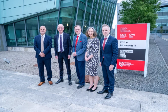 Image shows Professor Paul Miller, Professor Sir Ian Greer, Judith Millar and Dr Ryan Feeney pictured with the Rt Hon Pat McFadden MP in front of CSIT.