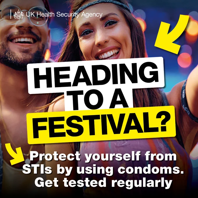 Image shows smiling couple at a festival with the words, 'Heading to a festival? Protect yourself from STIs by using condoms. Get tested regularly'