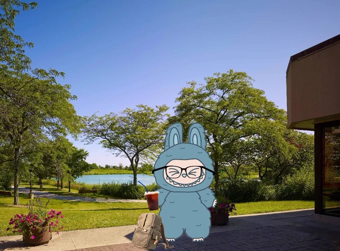 Illustration of a Governors State University's Labubu doll, standing near a backpack in a scenic park with trees, a lake, and a clear sky.