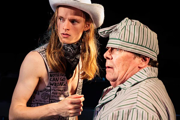 Leif TenBrink and Phil Powers in Jorge Luis Borges Gives a Lecture on Anatomy by Carla Milarch, directed by Kat Walsh at Theatre NOVA. Photograph by Sean Carter Photography.