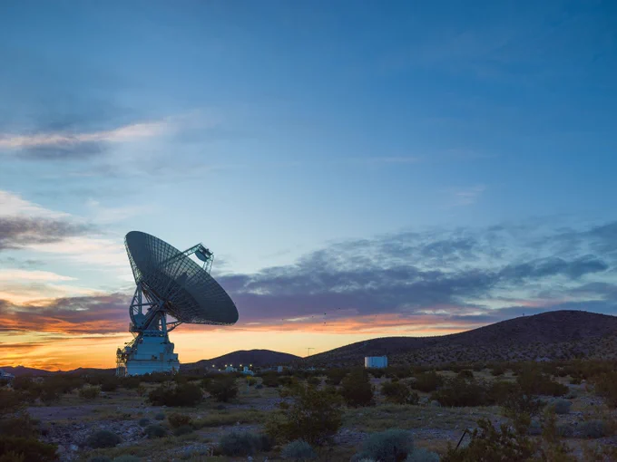 This sunset photo shows Deep Space Station 14 (DSS-14), the 230-foot-wide (70-meter) antenna at the Goldstone Deep Space Communications Complex near Barstow, California, part of NASA's Deep Space Network. The network's three complexes around the globe support communications with dozens of deep space missions. DSS-14 is also the agency's Goldstone Solar System Radar, which is used to observe asteroids that come close to Earth. Credit: NASA/JPL-Caltech

