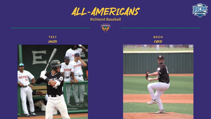 Dallas College Richland baseball players (L to R): Trey Smith and Bron Farr received NJCAA Division III All-America honors. 