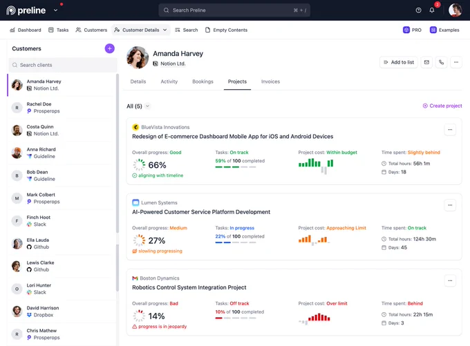A clean and responsive admin interface for managing customer project progress. Features include project summaries with status indicators for progress, task completion, budget, and time tracking. Each card displays detailed metrics like percentage completed, task status, budget adherence, time spent, and total project duration—enabling users to monitor multiple client projects at a glance.