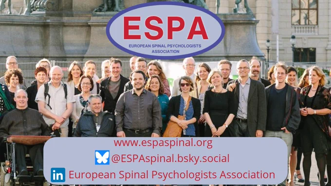 A photo of conference delegates with the ESPA website (espaspinal.org), Bluesky (@ESPAspinal.bsky.social), and LinkedIn (European Spinal Psychologists Association) handles overlayed