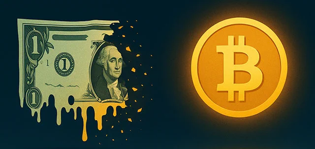 A one-dollar bill melting into a Bitcoin symbol, illustrating a contrast between traditional and digital currency.
