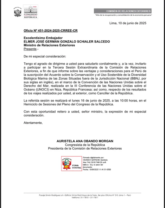 La presidenta de la @ComisionRREE del @congresoperu, @TelaObando, citó al canciller Schialer a la Tercera Sesión Extraordinaria de la comisión para informar sobre el Acuerdo BBNJ. 🌊🇵🇪