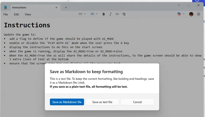 A screenshot of Windows Notepad showing a markdown-formatted document titled "Instructions," with bullet points describing how to update a game to support AI mode. A pop-up dialog is visible in front of the text, prompting the user to "Save as Markdown to keep formatting," with buttons to save as a Markdown file, plain text, or cancel.
