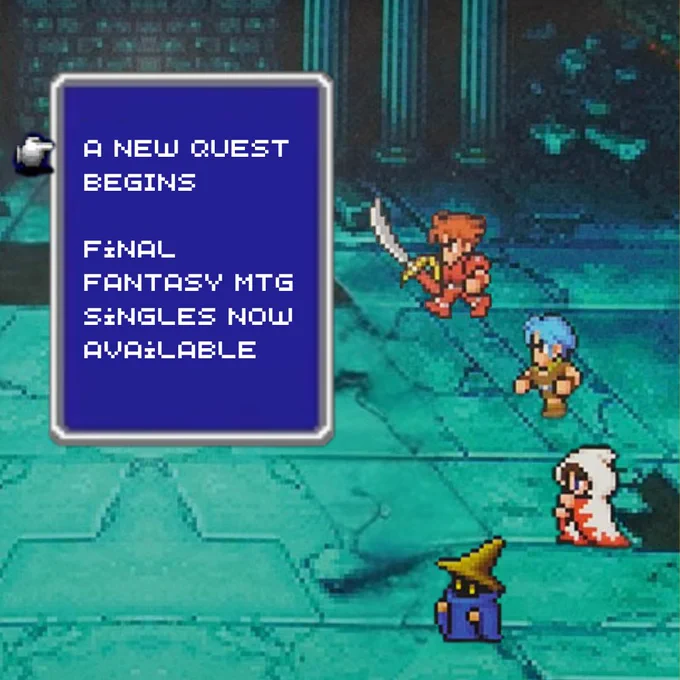 A retro Final Fantasy themed graphic with the text "A NEW QUEST BEGINS. FINAL FANTASY MTG SINGLES NOW AVAILABLE." 