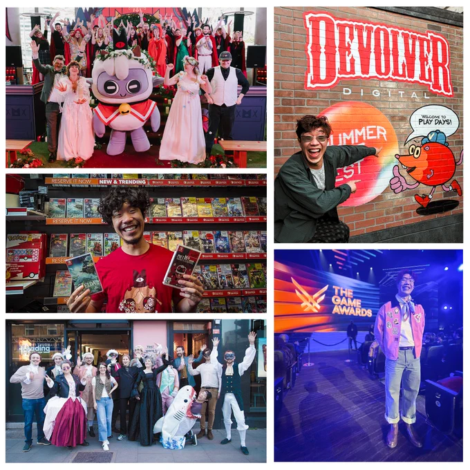 Photo collage featuring a few moments from Jared’s time working at Devolver Digital. 
Cult of the Lamb weddings at PAX Australia in Melbourne.
Jared and Volvy at Devolver’s Summer Game Fest booth in Los Angeles. 
Jared seeing Cult of the Lamb next to The Legend of Zelda: Tears of the Kingdom at his local game store.
Card Shark launch party in London where the team dressed in period attire from 18th century Europe.
Jared wearing a custom Plucky Squire outfit to represent the game as a nominee at The Game Awards in Los Angeles.
