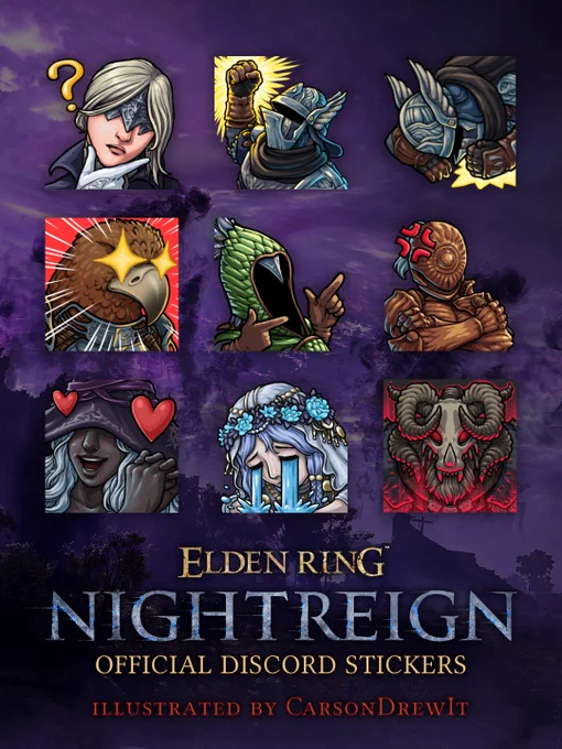 A showcase of 9 Elden Ring Nightreign discord stickers I made for the official Elden Ring discord server, commissioned by Bandai Namco US. 