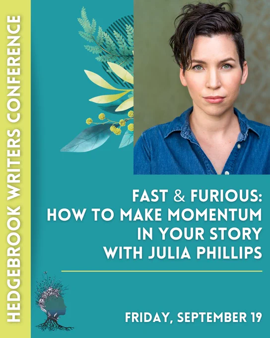 The title of a workshop and photo of author Julia Phillips in a blue shirt.