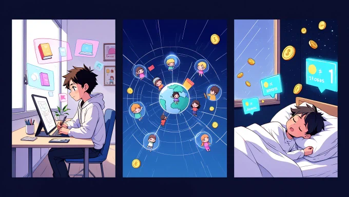A creative founder in a futuristic studio, sketching digital product ideas with floating icons for ebooks, apps, and courses.
Visualize the product launching into a glowing, interconnected web, with chibi buyers from around the world reaching out. Depict a peaceful night scene, with coins and digital sales notifications floating around the founder as they sleep.