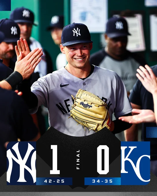 Final Score Graphic 6/12/25
New York Yankees 1 (42-25), Kansas City Royals 0 (34-35)
Pictured: Will Warren smiles as he walks through the dugout, teammates raise their hands for high-fives. He wears a gray New York uniform with a dark blue Yankees cap and tan glove.