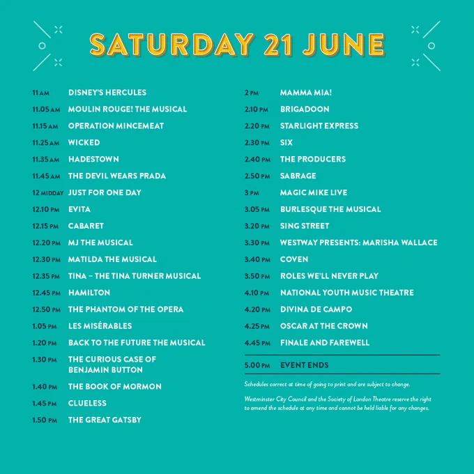 The West End LIVE 2025 schedule for Saturday 21 June.