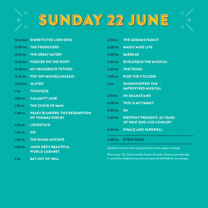 The West End LIVE 2025 schedule for Saturday 21 June.