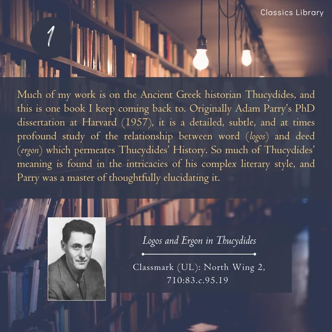 A text with bookshelves in the background. A photo of the first book picked by Daniel: Logos and Ergon in Thucydides, by Adam M. Parry.
