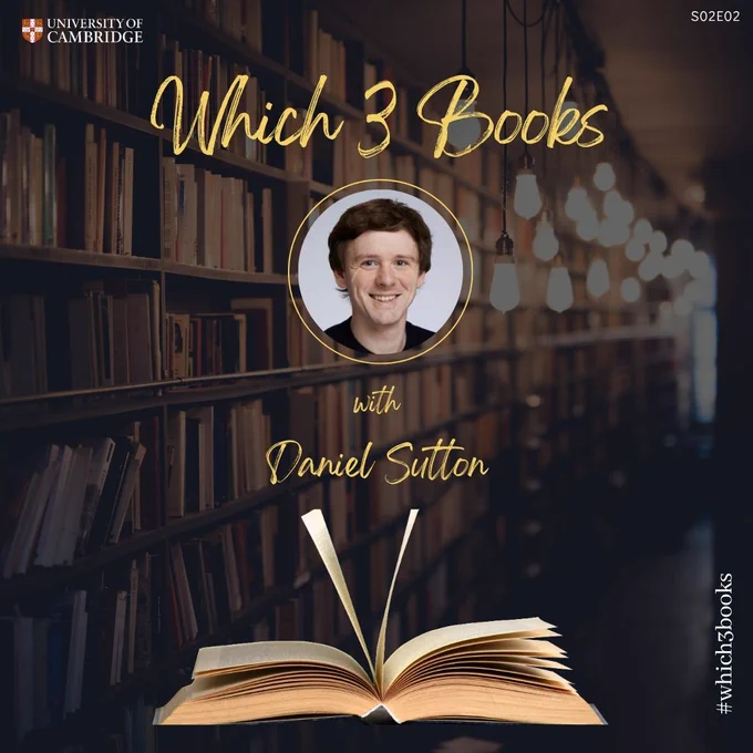 Promotional graphic for "Which 3 Books" series, featuring Daniel Sutton, with an open book in the foreground and bookshelves in the background.