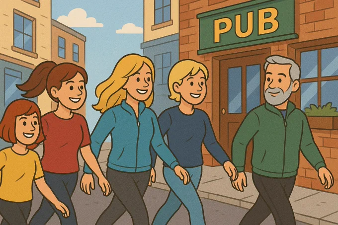 five people walking to the pub