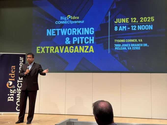 Connected DMV President & CEO George Thomas speaking at CONNECTpreneur's Networking & Pitch Extravaganza on the power of collective focus to build next-gen industry clusters—and how the DMV is scaling global leadership in Quantum & Space. 